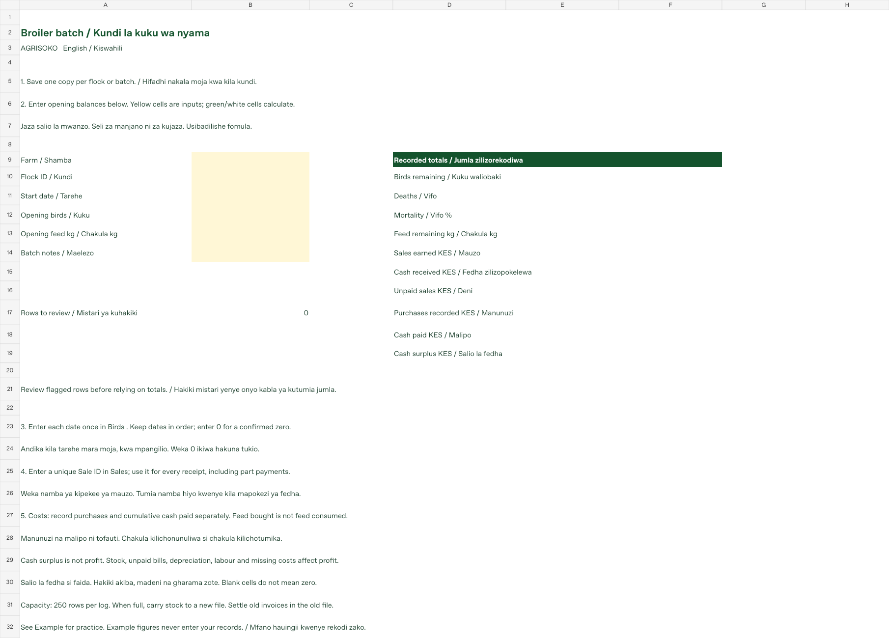 Broiler Batch Records: actual workbook summary