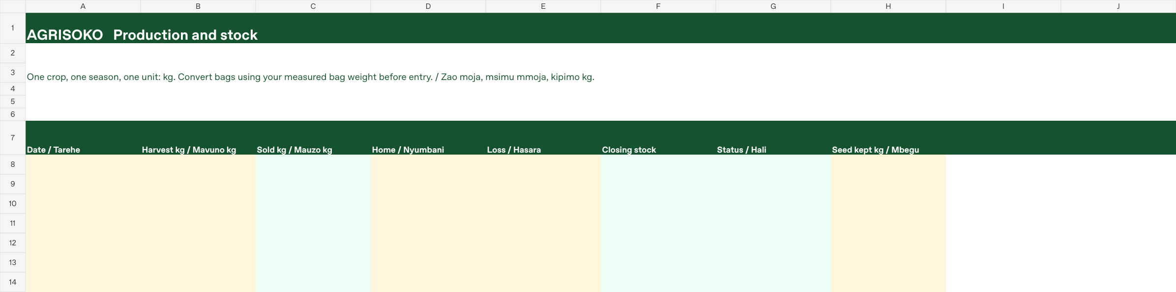 Actual workbook input sheet with blank fields