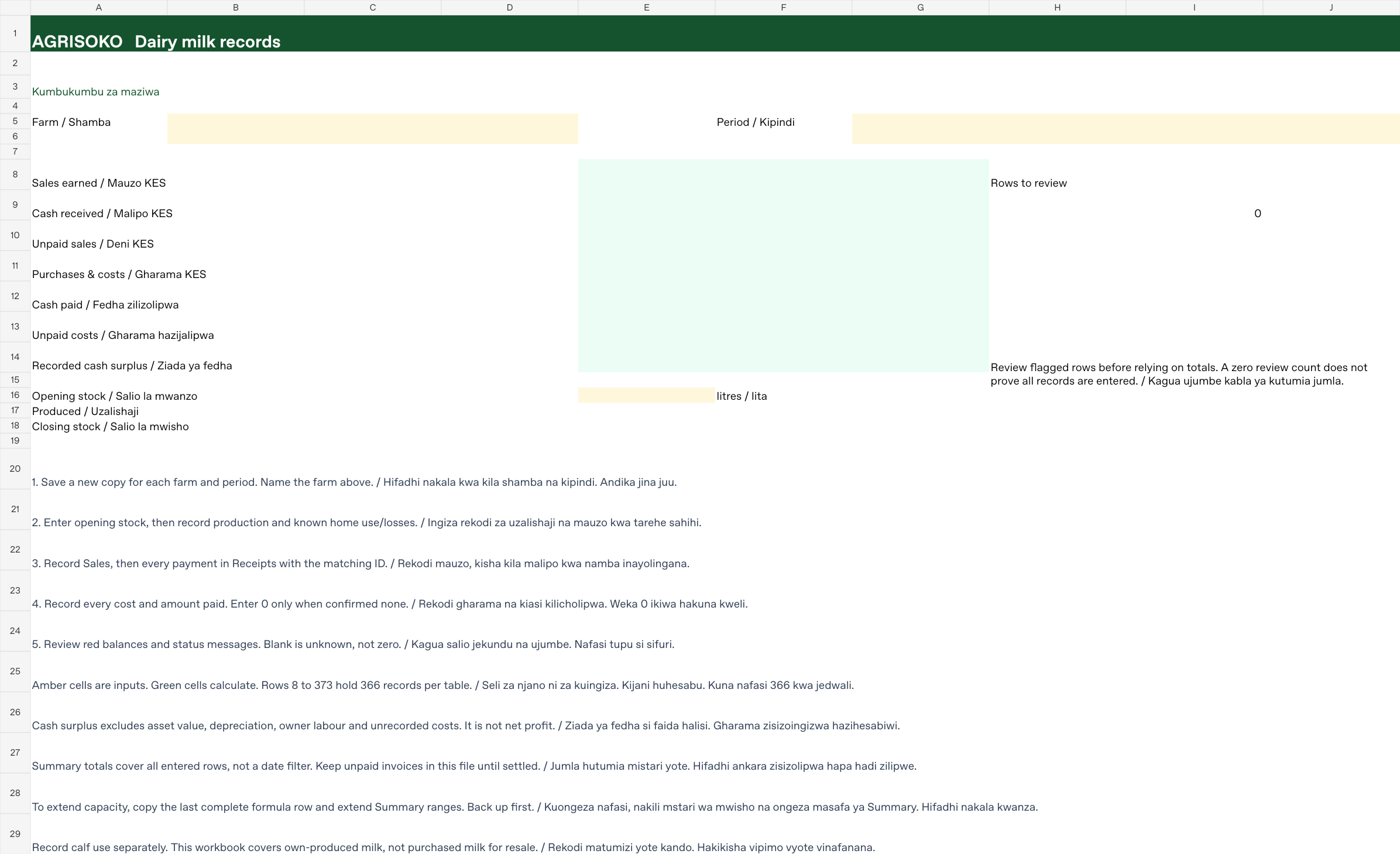 Dairy Milk Records: actual workbook summary