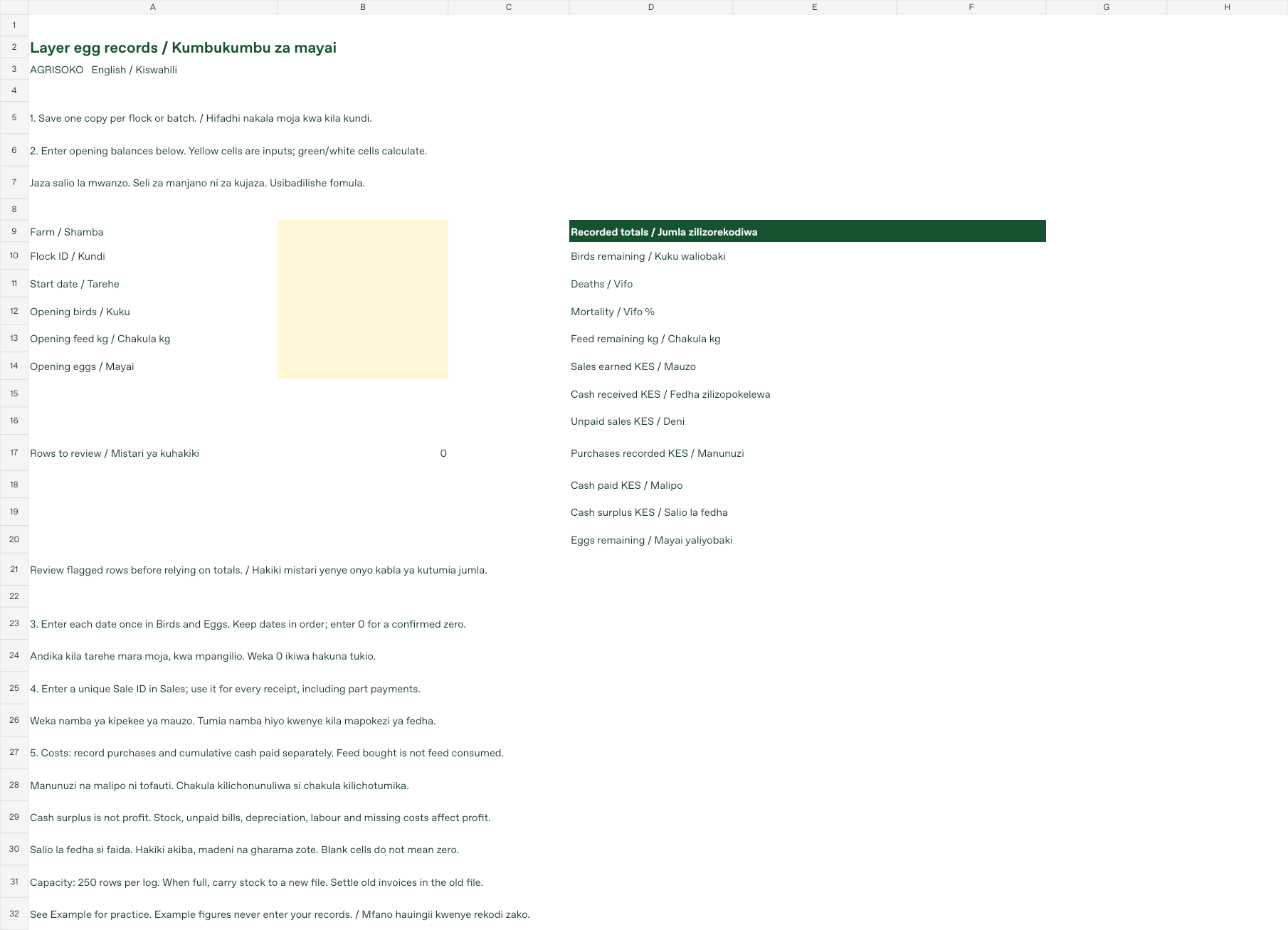 Layer Egg Records: actual workbook summary